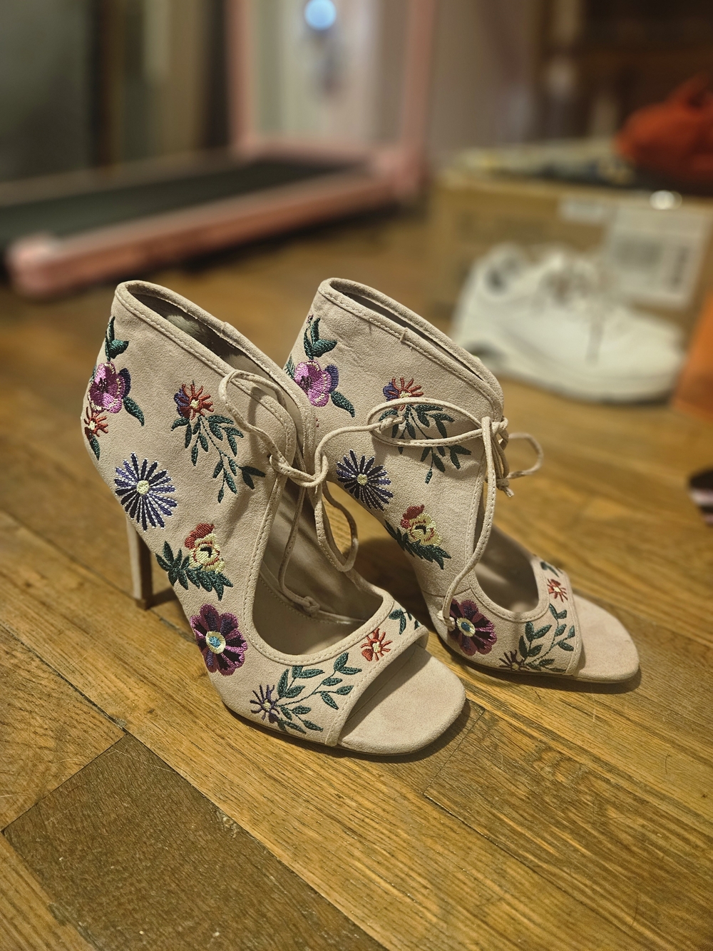 Embroidered Open-Toe Lace-Up Heels in Blush